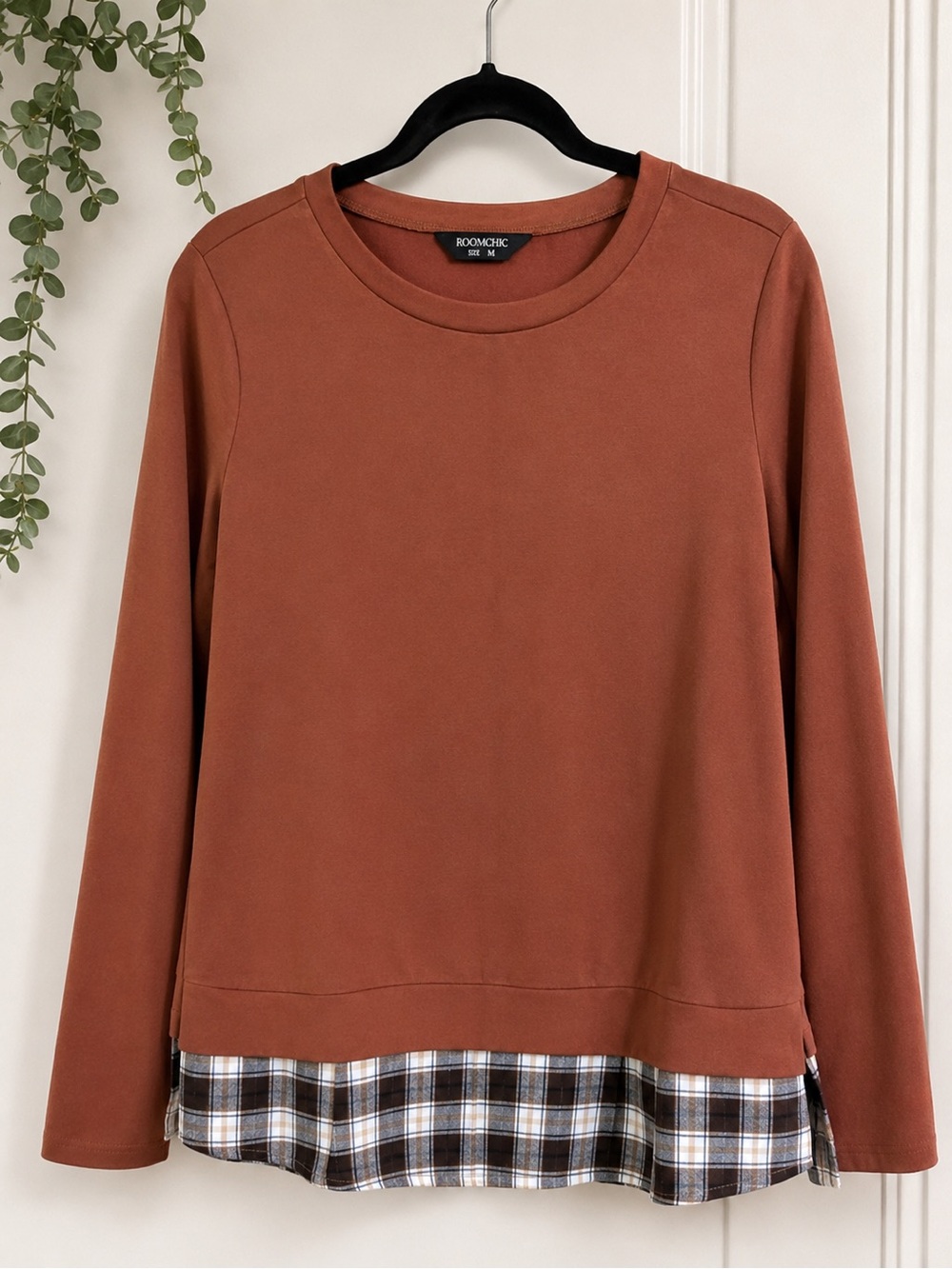 Brown Layered-Look Sweatshirt with Plaid Hem